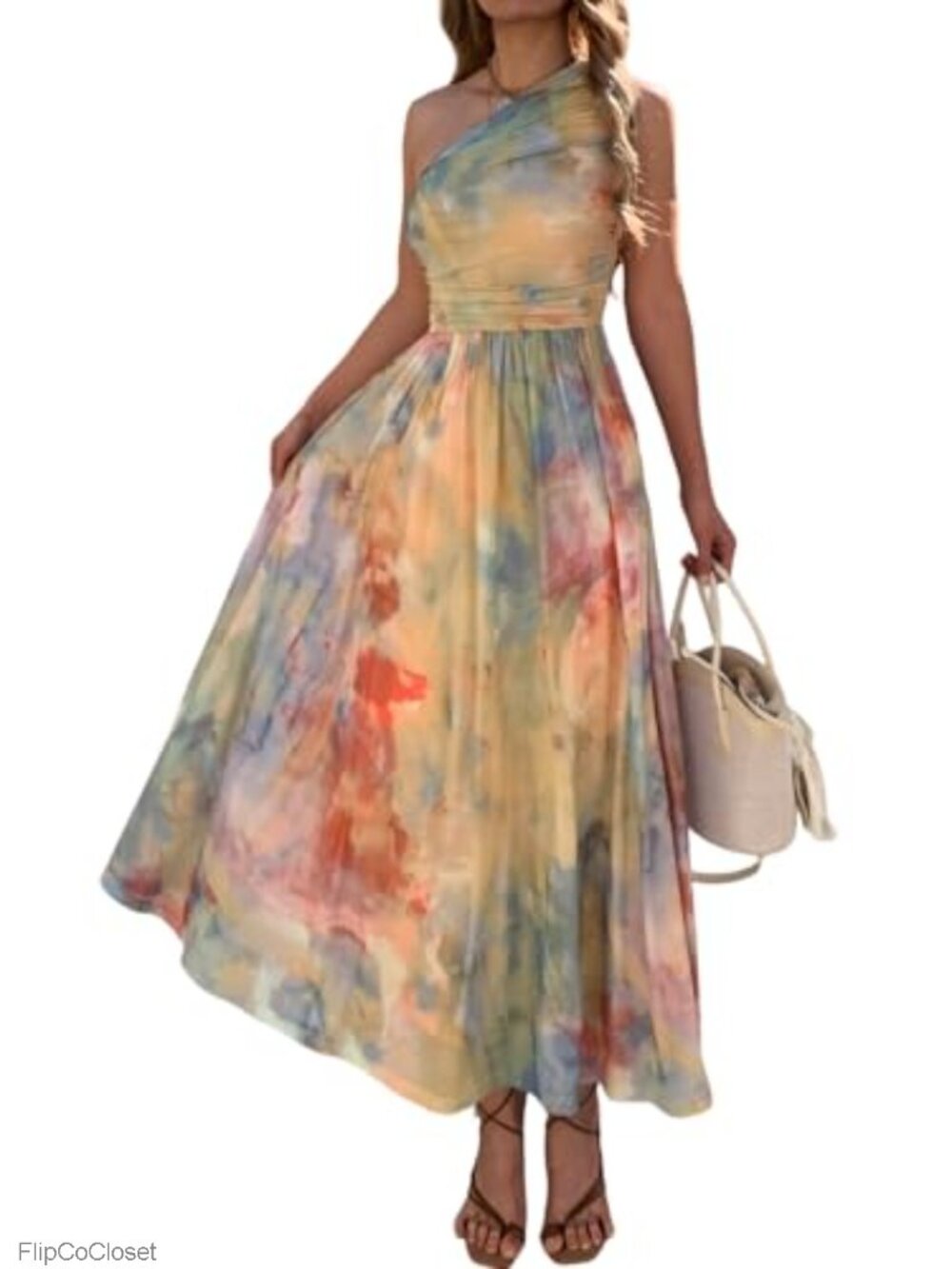 Women's One Shoulder Floral Maxi Dress Sleeveless A-Line Wedding Guest
